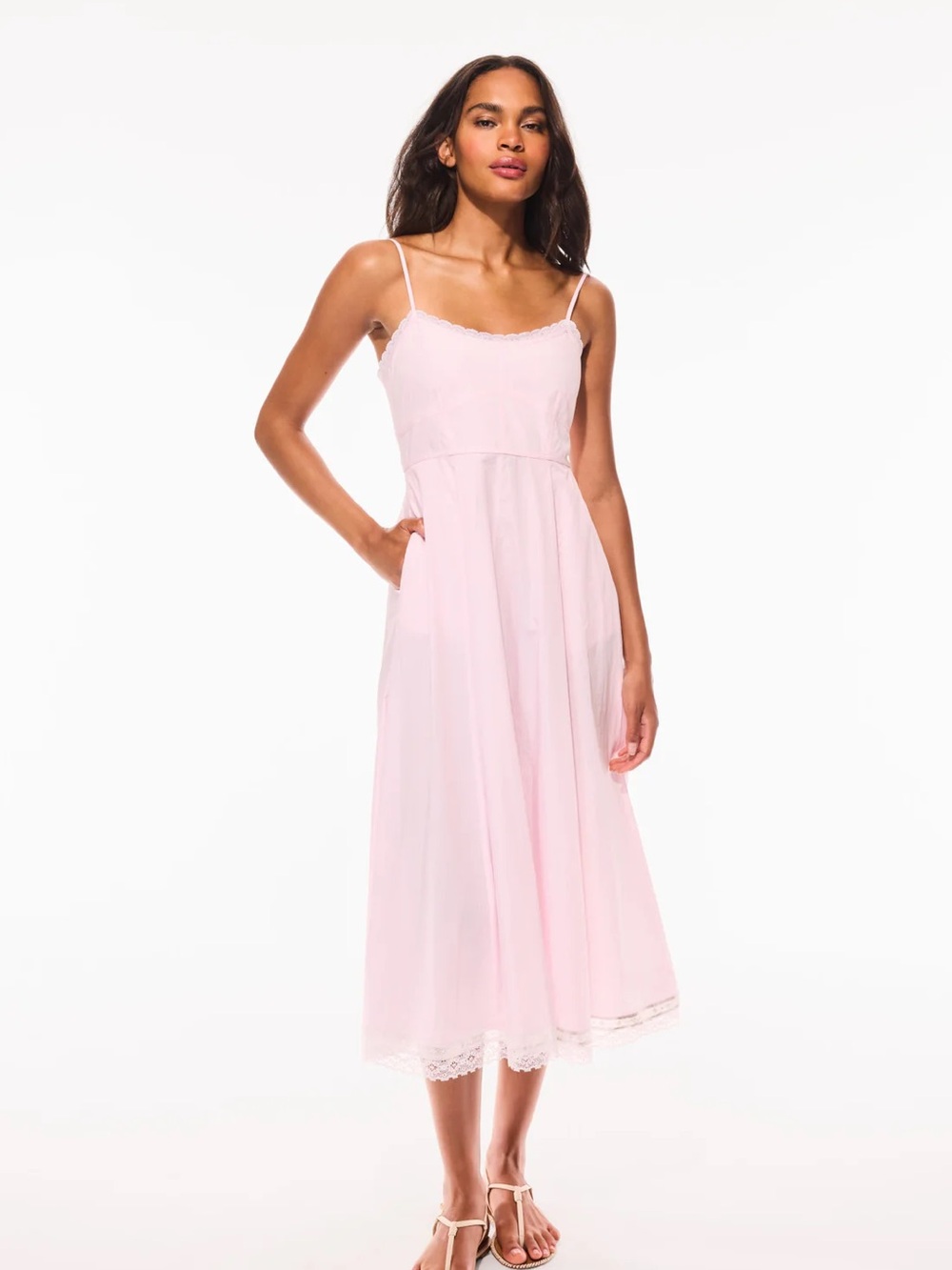 LoveShackFancy Sandara Cotton Pinstripe Midi Dress - Pink Riviera